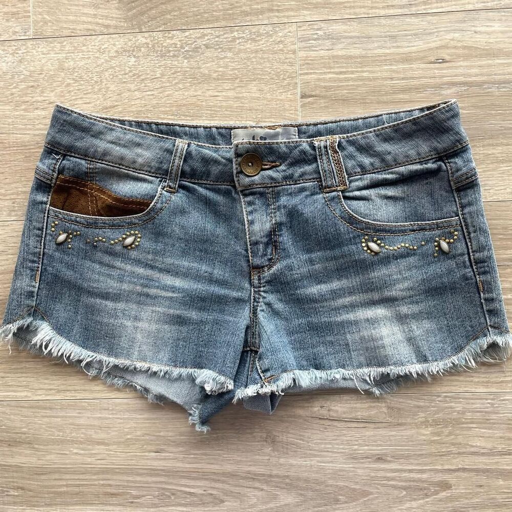 Y2K Vintage Boho Low Rise Denim Shorts Coastal Cowgirl Ibiza Beachy Embellished